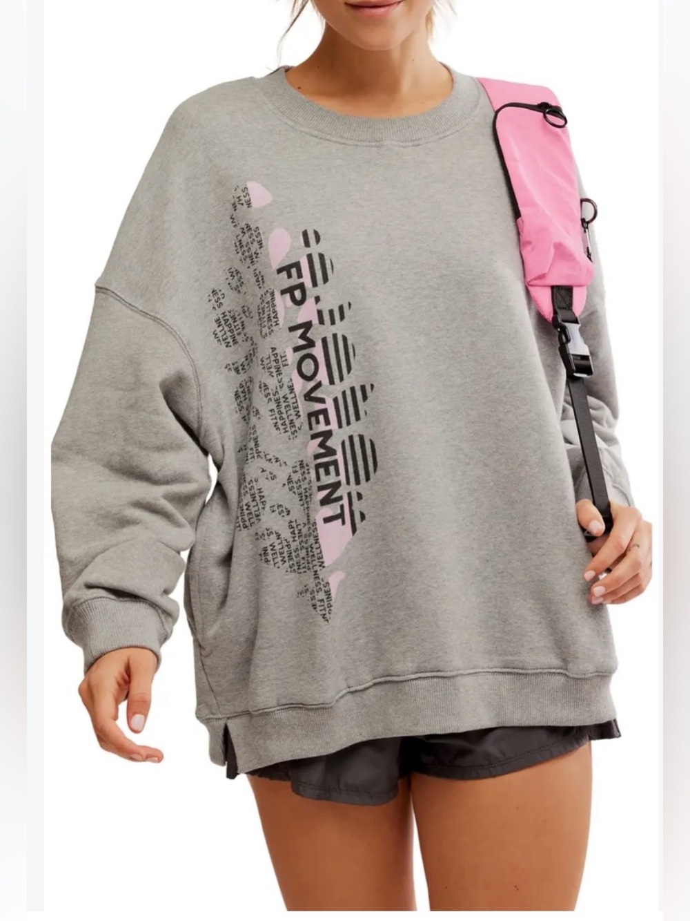 Free People Gray Oversized Graphic Sweatshirt with Pink Accent
